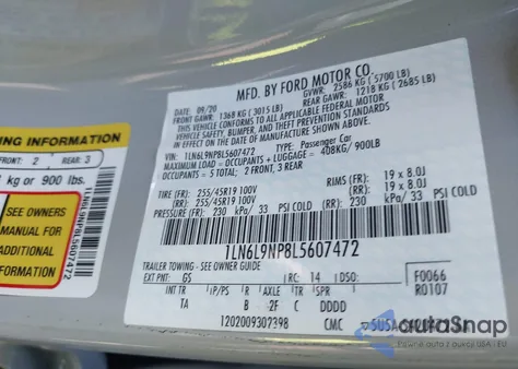 2020 Lincoln Continental Reserve z USA, uszkodzony, nr VIN 1LN6L9NP8L5607472